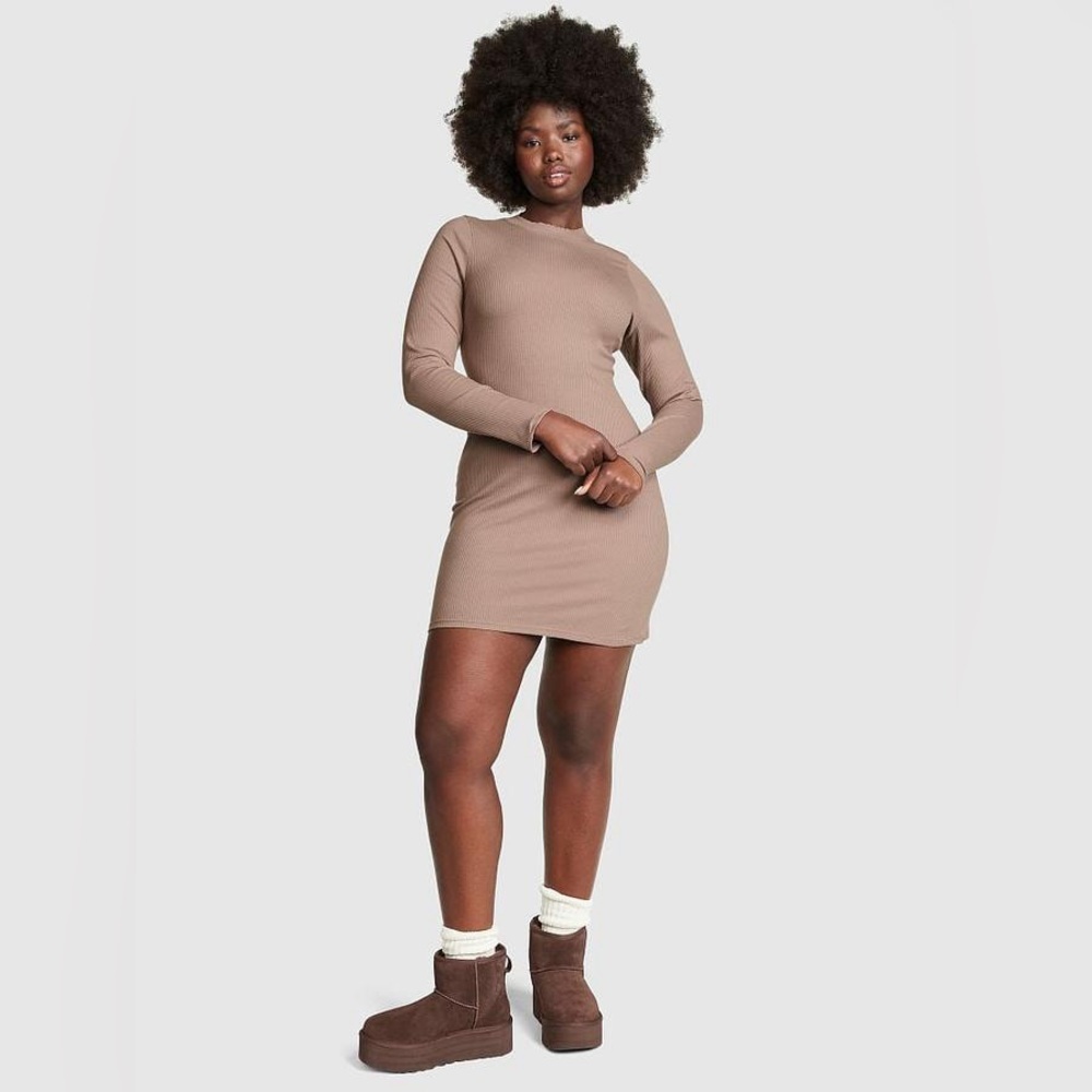 VICTORIA SECERT PINK COTTON MOCK NECK DRESS - COFFEE SIZE XS, S, M, L (NEW)